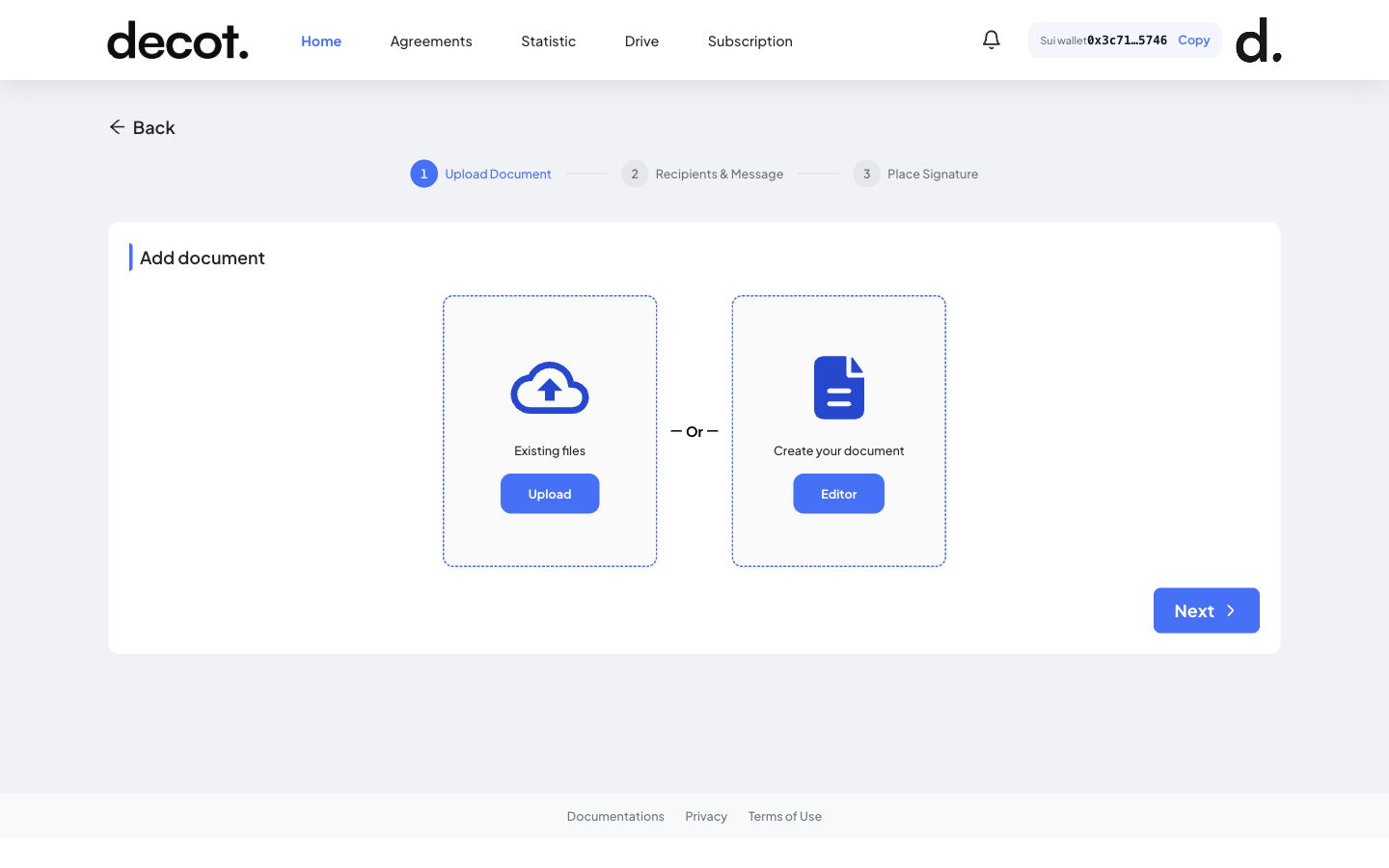 Decot's guided create flow — upload a file or draft one, then add recipients and place signatures