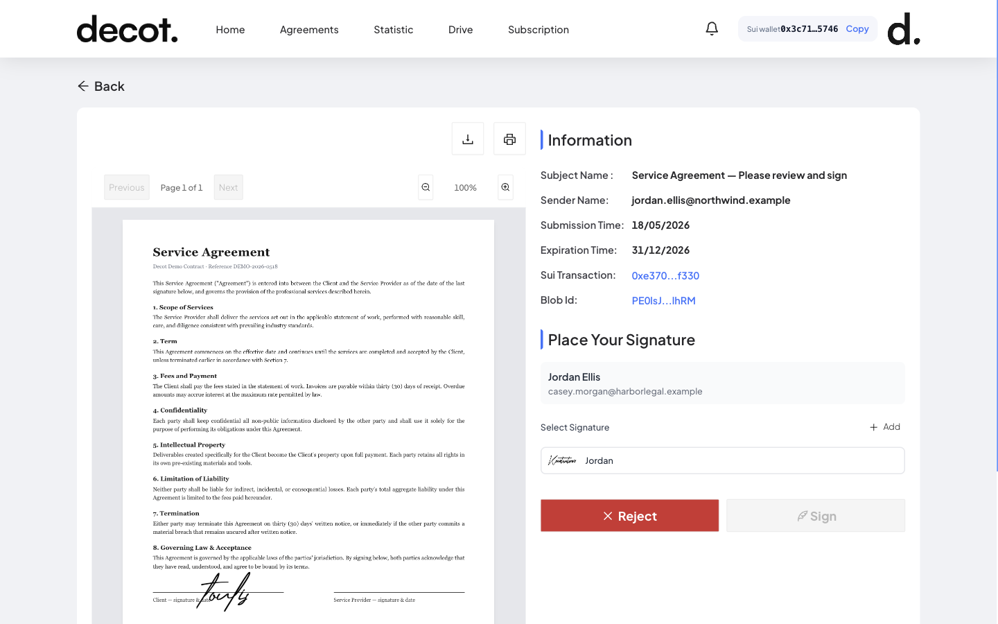 Signing a contract in Decot — the document alongside a place-your-signature panel
