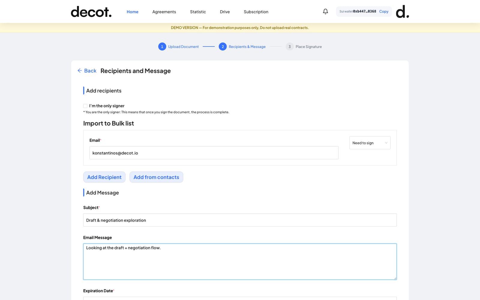 Decot recipients — add every party to a transaction and route signing